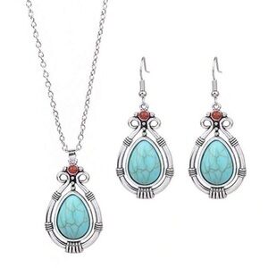 Southwest Style Western Turquoise And Red Coral Necklace And Earrings Set